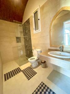 a bathroom with a toilet and a shower and a sink at Royal Home Dome Style - Ground Floor Apartment in Jazīrat al ‘Awwāmīyah