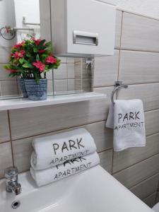 Park Apartment في كوكاني: حمام به منشفتين على حوض