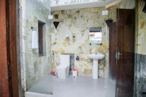 a stone bathroom with a toilet and a sink at ABS Villa Bentota in Bentota