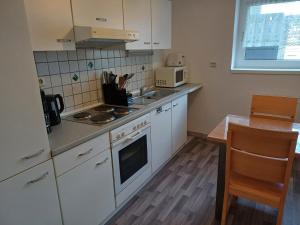 HerbsteinにあるFerienwohnung Vulkanradwegの白いキャビネットとシンクと電子レンジを備えたキッチン