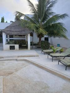 a patio with benches and a palm tree and a building at Chez André Léon in Ngaparou +9 photos