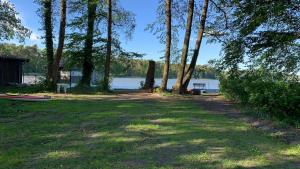 ヒンメルプフォルトにあるFerienwohnung Himmelpfortの木々と湖のある芝生エリア