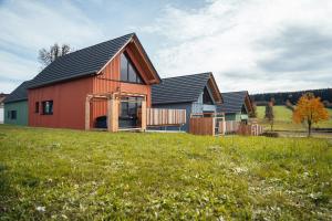 a red barn with a black roof on a green field at Chalet Auszeit im Schönseer Land in Schönsee