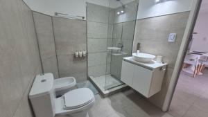 a bathroom with a shower and a toilet and a sink at Delvi Nelly - Belgrano in Neuquén
