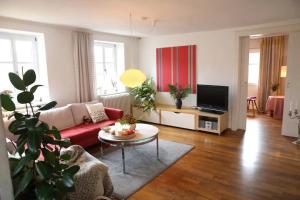 a living room with a red couch and a tv at Luise Im Künstlerhaus in Langmühle