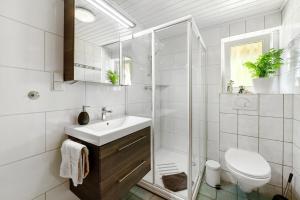 a white bathroom with a sink and a shower at Ferienhäuschen Kleine Auszeit in Seesbach +21 photos
