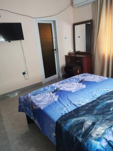 - une chambre avec un lit, une commode et une télévision dans l'établissement Modern One-Bedroom Retreat in North Legon, Accra, à North Legon