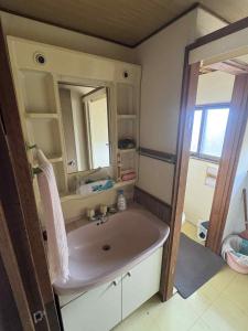 a bathroom with a sink and a mirror at くりのやかた in Kunisaki