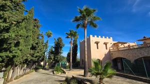 a building with a palm tree in front of it at Castell Villa Bohío Mallorca in Urbanicacion ses palmeres