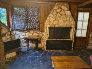 a living room with a stone fireplace and a tv at Cabaña Punta Mogotes in Mar del Plata