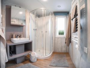 ヴァイデンにあるTiny House mit Terrasse und Garten in Altstadtnähe inkl Parkplatzのシャワーと洗面台付きのバスルーム