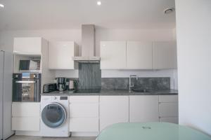 eine weiße Küche mit Waschmaschine in der Unterkunft Sublime Appart Neuf in Albitreccia