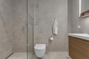 a bathroom with a shower and a toilet and a sink at Castle Inn Apartments - Downtown Keflavík in Keflavík