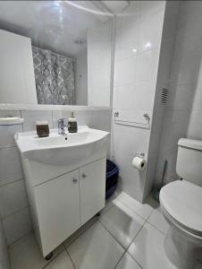 um banheiro branco com uma pia e um vaso sanitário em Teatinos Departamentos STGO em Santiago