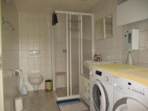a bathroom with a washing machine and a toilet at Altes Jägerhaus in Uckerland