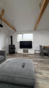 ein Wohnzimmer mit Flachbildfernseher und Couch in der Unterkunft Cozy 2-Bedroom Cottage-Style Home in Dublin