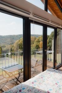 ein Schlafzimmer mit einem Bett und einem Balkon mit Glasschiebetüren in der Unterkunft Casa Vinea in Karlovac + 39 Fotos