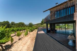 a house with a wooden deck next to a vineyard at Maisonk Provence in Villedieu