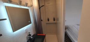 a small bathroom with a sink and a mirror at Gite des pecheurs, Gorges du Tarn in Mostuéjouls