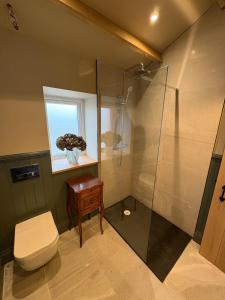 a bathroom with a shower and a toilet and a window at Holly Cottage - Village location, Lake District in Penrith +47 photos