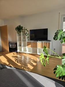 a living room with a flat screen tv on a entertainment center at Ferienwohnung Weitblick in Dachau