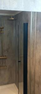 a shower with a glass door in a bathroom at Renovated Chapel With Fjord Views In Vågstranda in Reistad