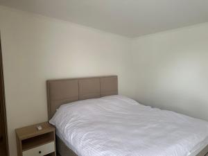 a bedroom with a white bed and a night stand at Daisy 1 in Banja Luka