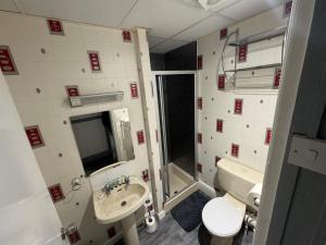 ブラックプールにあるWaverley Beach Hotelのトイレと洗面台のある小さなバスルーム +102枚の写真