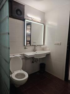 Un baño con inodoro, lavabo y espejo. en Crystal Retreat, en Jāmb 31 fotos más