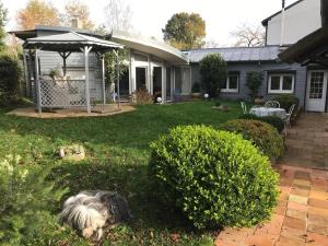 a dog laying in the grass in front of a house at Villa Fiquefleur in Fiquefleur-Équainville