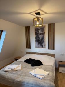 ein Schlafzimmer mit einem Bett, auf dem zwei Handtücher liegen in der Unterkunft Wildcabinpanoramic Marisel in Mărişel + 20 Fotos