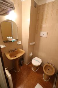 a bathroom with a sink and a toilet and a mirror at Hotel Arona in Villa Carlos Paz