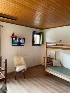 a bedroom with bunk beds and a tv on the wall at Appartement EDELWEISS in Châtel