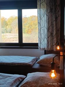 two beds in a room with a window at Chata Opata in Lubiąż