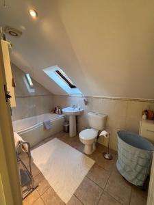 a bathroom with a toilet and a sink and a bath tub at Millers Barn in Farthinghoe