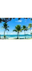 a view of a beach with palm trees at Apartamento no Guarujá in Guarujá