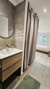 ein Badezimmer mit Waschbecken und Spiegel und einem Bett in der Unterkunft La maison bleue in Brive-la-Gaillarde