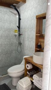 a bathroom with a sink and a toilet and a shower at Hostal Malú in San Pedro de Atacama +43 photos