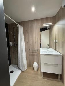 une salle de bain avec un lavabo blanc et une douche dans l'établissement VVF Aveyron Najac, à Najac