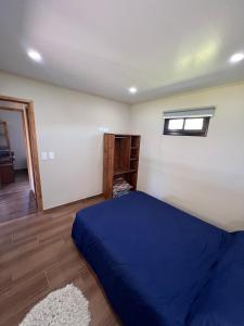 a bedroom with a blue bed and a window at Hospedaje a 2 cuadras del mar Mar de Cobo 4 personas in Mar de Cobo