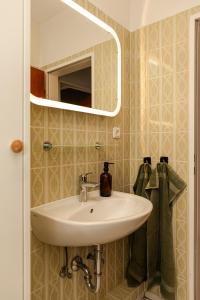 a bathroom with a sink and a mirror at HeideHygge 2 in Schneverdingen
