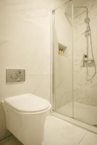 a white bathroom with a toilet and a shower at The Old Schoolhouse - Teacher's Quarters in Donegal +16 photos