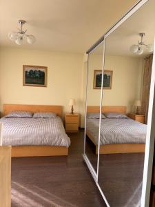 a bedroom with two beds and a mirror at Docara Urban Stay in Craiova