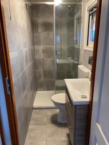 une salle de bains avec douche, toilettes et lavabo dans l'établissement 't Skagerwad, à Oudesluis