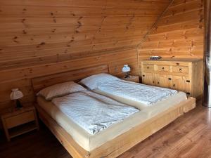ミート・ポッド・ドゥンビエロムにあるZrub LAURAの木製の壁のドミトリールームのベッド1台分です。