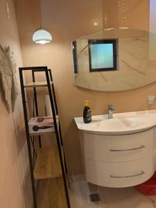 a bathroom with a sink and a mirror at Docara Urban Stay in Craiova