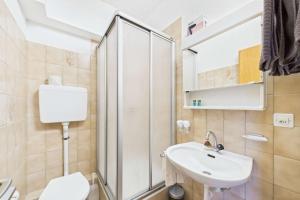 a bathroom with a toilet and a sink and a shower at Comfortable studio with balcony and panoramic view in Saas-Grund +5 photos