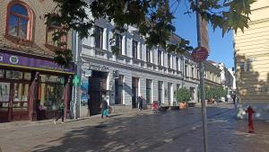 a city street with people walking down the street at Pécs Inn in Pécs