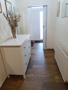 Apartment Krnov في كرنوف: ممر به خزانة بيضاء عليها مزهرية