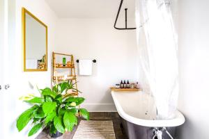 a bathroom with a tub and a plant at Short North Convention King Bed Free Parking! in Columbus